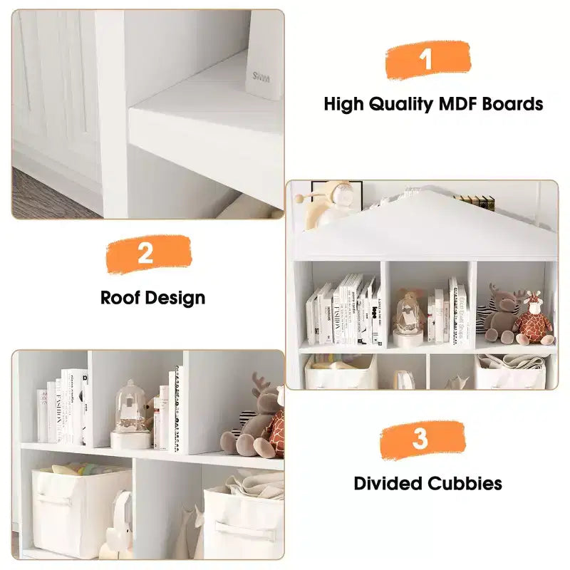 Grande bibliothèque pour enfants en bois à 3 niveaux et organisateur de rangement de jouets avec couvercle à charnière, design polyvalent pour salle de jeux, chambre d'enfant, crèche et maternelle