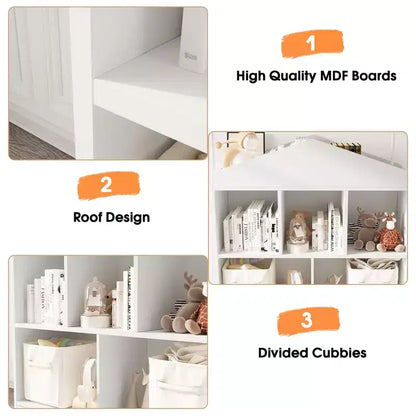 Grande bibliothèque pour enfants en bois à 3 niveaux et organisateur de rangement de jouets avec couvercle à charnière, design polyvalent pour salle de jeux, chambre d'enfant, crèche et maternelle