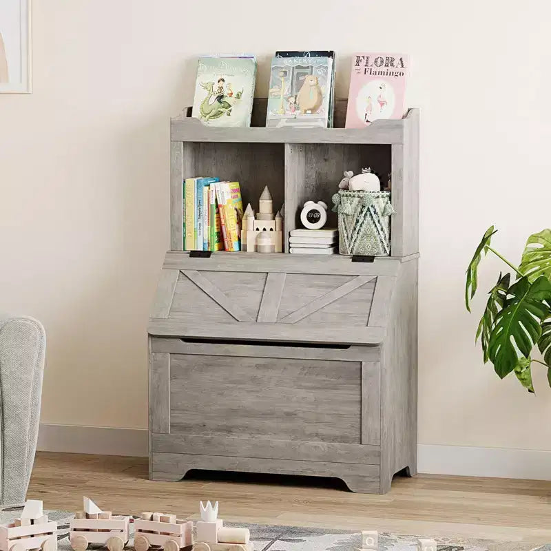 Grande bibliothèque pour enfants en bois à 3 niveaux et organisateur de rangement de jouets avec couvercle à charnière, design polyvalent pour salle de jeux, chambre d'enfant, crèche et maternelle