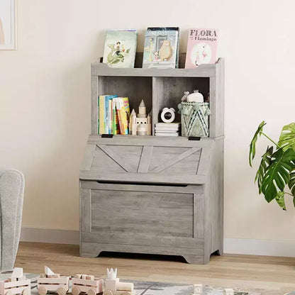 Grande bibliothèque pour enfants en bois à 3 niveaux et organisateur de rangement de jouets avec couvercle à charnière, design polyvalent pour salle de jeux, chambre d'enfant, crèche et maternelle