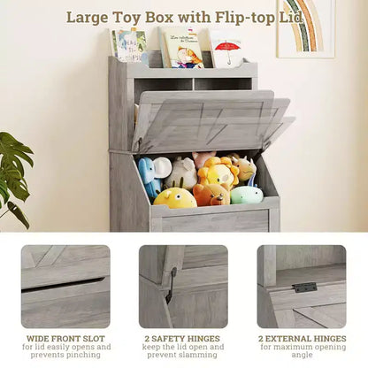 Grande bibliothèque pour enfants en bois à 3 niveaux et organisateur de rangement de jouets avec couvercle à charnière, design polyvalent pour salle de jeux, chambre d'enfant, crèche et maternelle