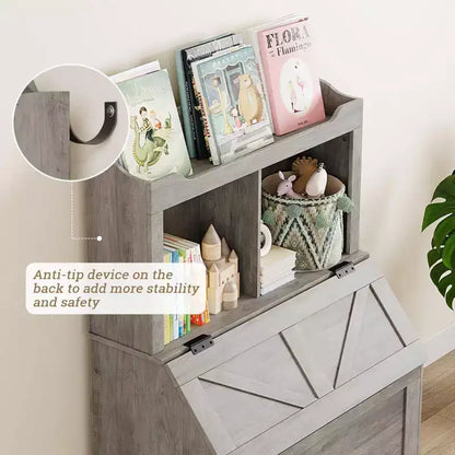 Grande bibliothèque pour enfants en bois à 3 niveaux et organisateur de rangement de jouets avec couvercle à charnière, design polyvalent pour salle de jeux, chambre d'enfant, crèche et maternelle