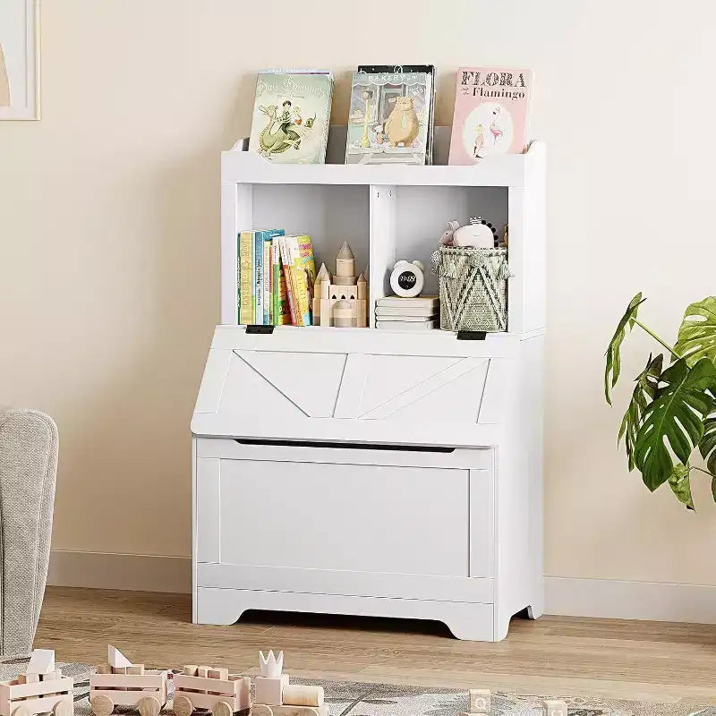 Grande bibliothèque pour enfants en bois à 3 niveaux et organisateur de rangement de jouets avec couvercle à charnière, design polyvalent pour salle de jeux, chambre d'enfant, crèche et maternelle