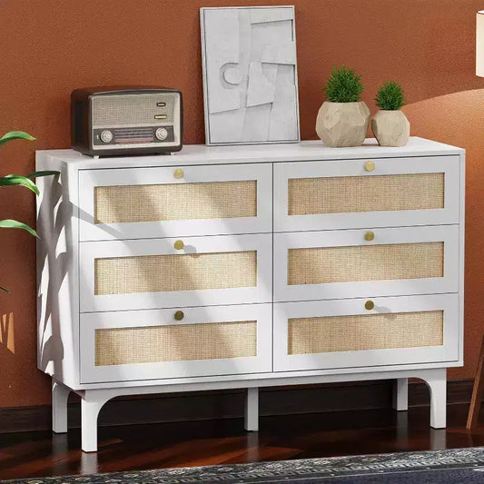 VINGLI White Dresser 6 Drawer, 47.2 W Rattan Boho Dresser