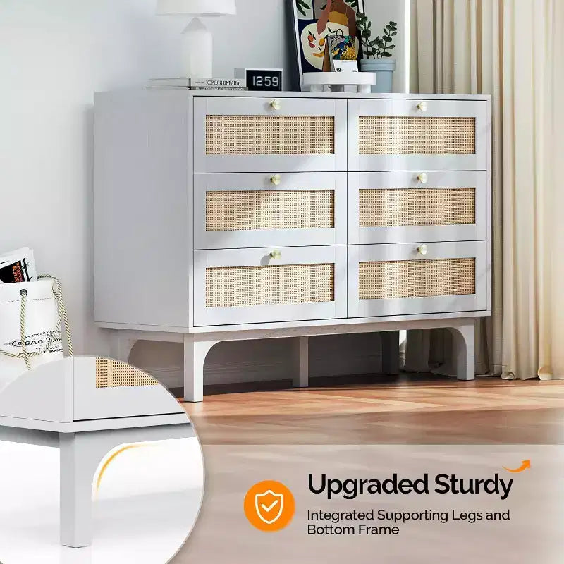 Commode blanche 6 tiroirs, 120 cm L, commode bohème en rotin