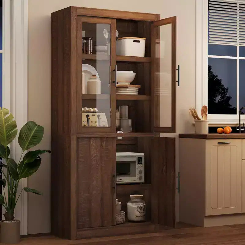 GustoWave 71 Tall Kitchen Pantry Cabinet, 4 Doors & Adjustable Shelves, Freestanding Wood Large Food Cupboard for Dining, Living Room