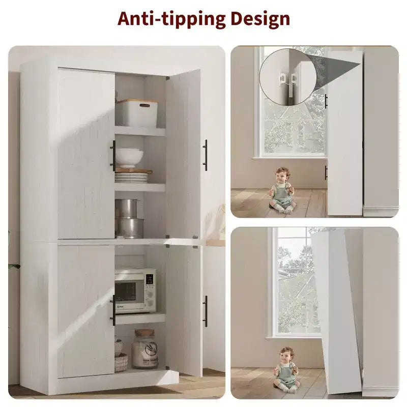 Armoire de cuisine haute de 71 pouces, 4 portes et étagères réglables, Grand placard de rangement autoportant en bois pour la salle à manger et le salon