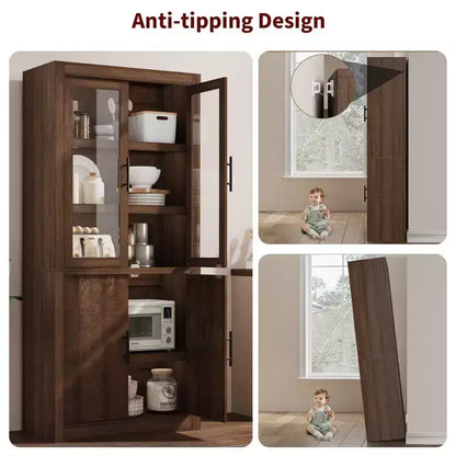 Armoire de cuisine haute de 71 pouces, 4 portes et étagères réglables, Grand placard de rangement autoportant en bois pour la salle à manger et le salon