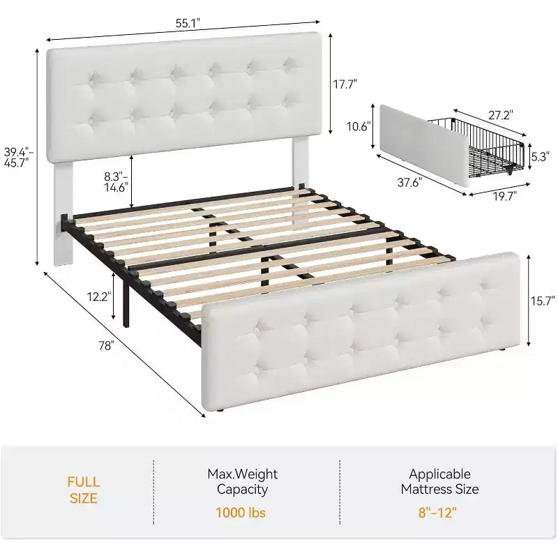 Lit plate-forme double avec tête de lit élégante et stylée, 4 tiroirs de rangement, matelas sans sommier requis, support robuste