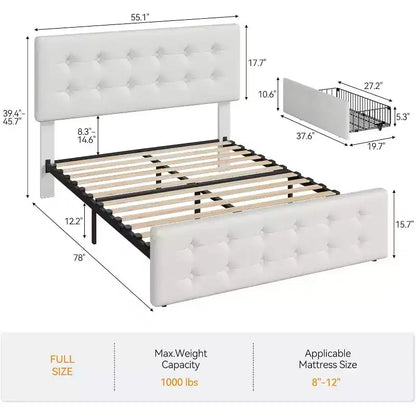 Lit plate-forme double avec tête de lit élégante et stylée, 4 tiroirs de rangement, matelas sans sommier requis, support robuste