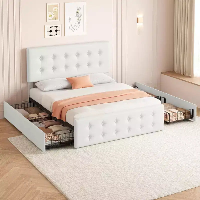 Lit plate-forme double avec tête de lit élégante et stylée, 4 tiroirs de rangement, matelas sans sommier requis, support robuste