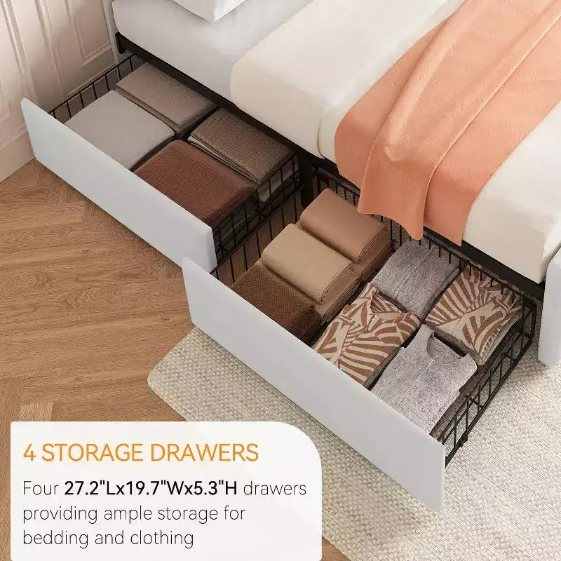 Lit plate-forme double avec tête de lit élégante et stylée, 4 tiroirs de rangement, matelas sans sommier requis, support robuste