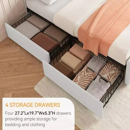 Lit plate-forme double avec tête de lit élégante et stylée, 4 tiroirs de rangement, matelas sans sommier requis, support robuste