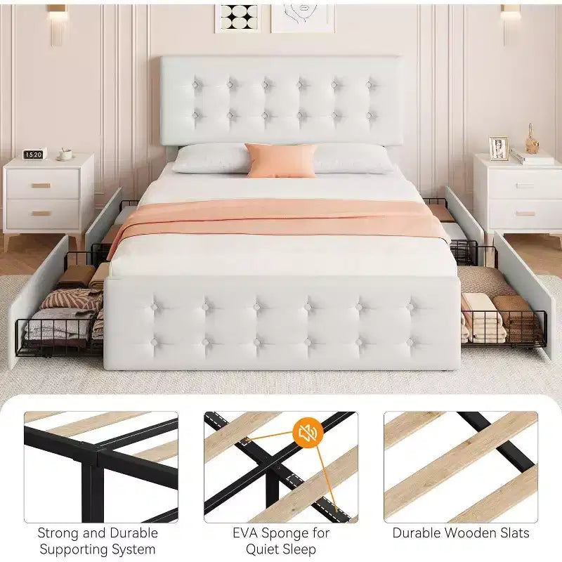 Lit plate-forme double avec tête de lit élégante et stylée, 4 tiroirs de rangement, matelas sans sommier requis, support robuste