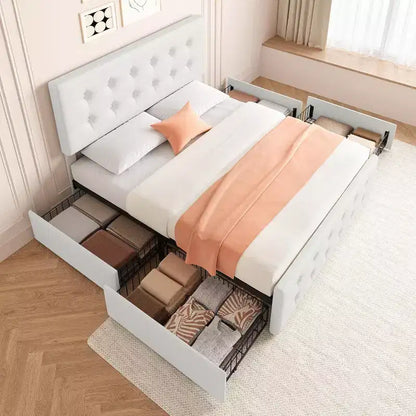 Lit plate-forme double avec tête de lit élégante et stylée, 4 tiroirs de rangement, matelas sans sommier requis, support robuste