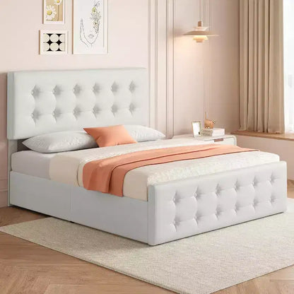 Lit plate-forme double avec tête de lit élégante et stylée, 4 tiroirs de rangement, matelas sans sommier requis, support robuste