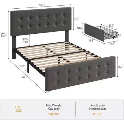 Lit plate-forme double avec tête de lit élégante et stylée, 4 tiroirs de rangement, matelas sans sommier requis, support robuste