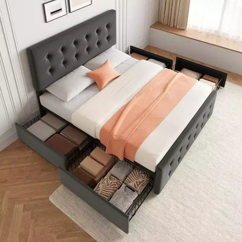 Lit plate-forme double avec tête de lit élégante et stylée, 4 tiroirs de rangement, matelas sans sommier requis, support robuste