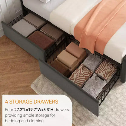 Lit plate-forme double avec tête de lit élégante et stylée, 4 tiroirs de rangement, matelas sans sommier requis, support robuste