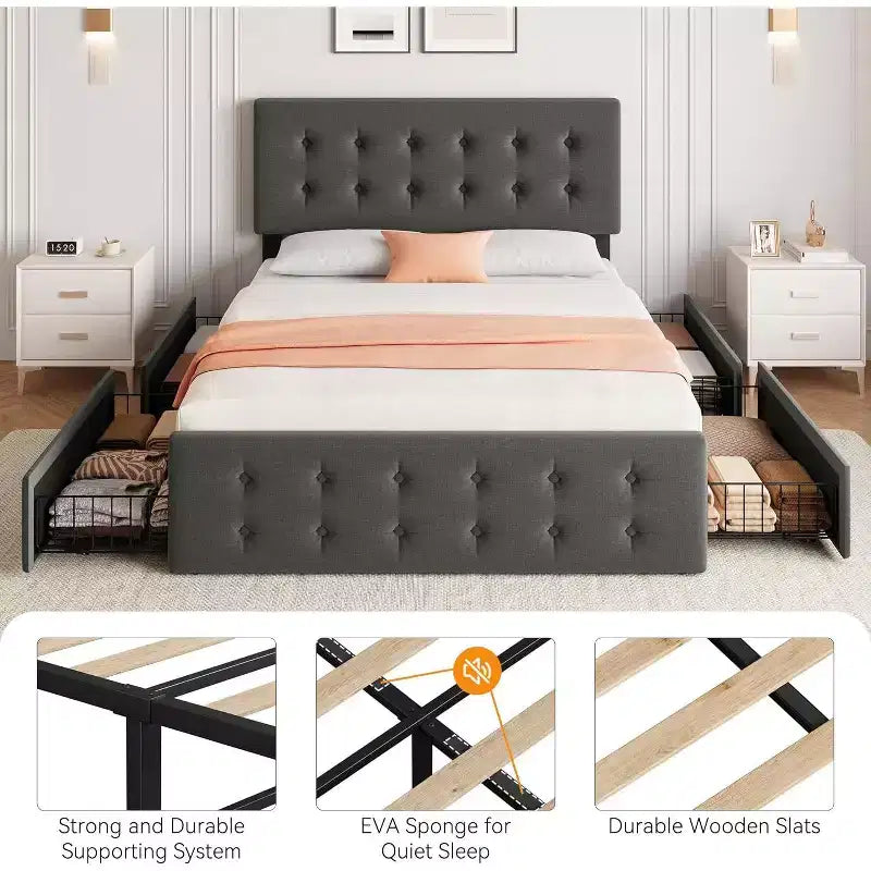 Lit plate-forme double avec tête de lit élégante et stylée, 4 tiroirs de rangement, matelas sans sommier requis, support robuste