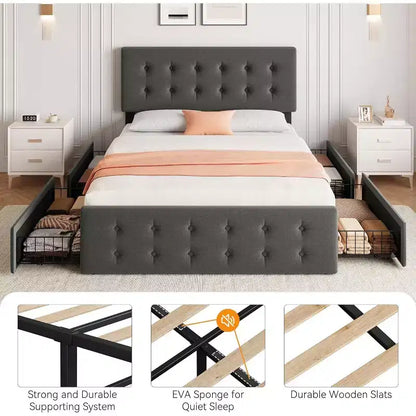 Lit plate-forme double avec tête de lit élégante et stylée, 4 tiroirs de rangement, matelas sans sommier requis, support robuste