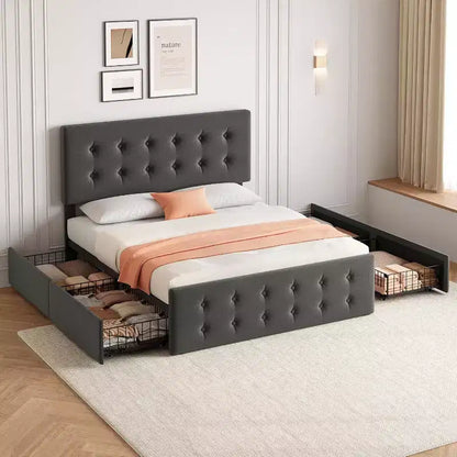 Lit plate-forme double avec tête de lit élégante et stylée, 4 tiroirs de rangement, matelas sans sommier requis, support robuste