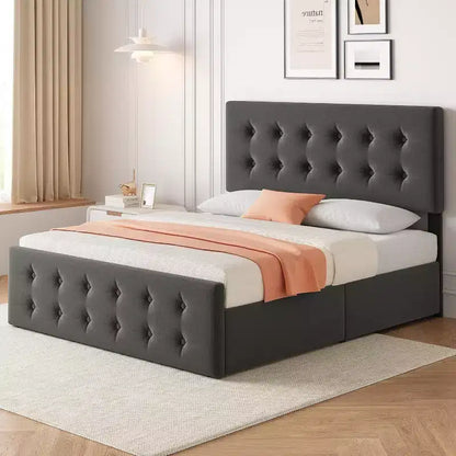 Lit plate-forme double avec tête de lit élégante et stylée, 4 tiroirs de rangement, matelas sans sommier requis, support robuste