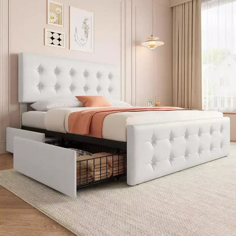 Lit plate-forme double avec tête de lit élégante et stylée, 4 tiroirs de rangement, matelas sans sommier requis, support robuste