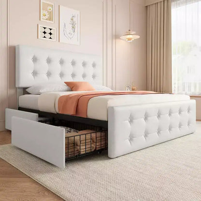 Lit plate-forme double avec tête de lit élégante et stylée, 4 tiroirs de rangement, matelas sans sommier requis, support robuste