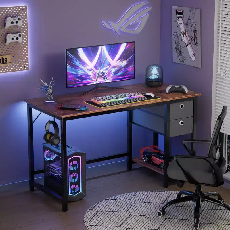 Bureau d'ordinateur 48x20 avec tiroirs à 2 niveaux et crochet pour casque - Aggloméré robuste et cadre en métal
