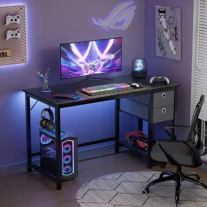 Bureau d'ordinateur 48x20 avec tiroirs à 2 niveaux et crochet pour casque - Aggloméré robuste et cadre en métal