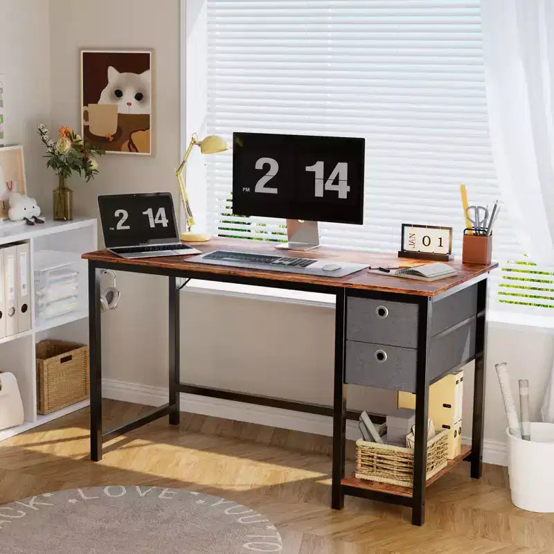 Bureau d'ordinateur 48x20 avec tiroirs à 2 niveaux et crochet pour casque - Aggloméré robuste et cadre en métal