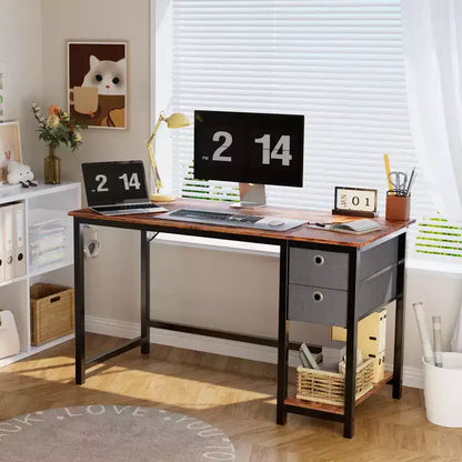 Bureau d'ordinateur 48x20 avec tiroirs à 2 niveaux et crochet pour casque - Aggloméré robuste et cadre en métal