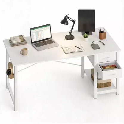 Bureau d'ordinateur 48x20 avec tiroirs à 2 niveaux et crochet pour casque - Aggloméré robuste et cadre en métal