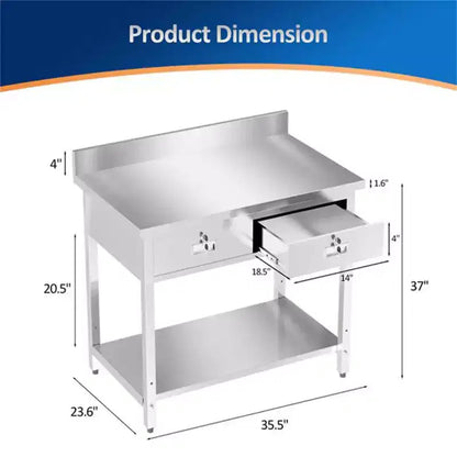 Table de travail en acier inoxydable 36 x 24 po avec 2 tiroirs