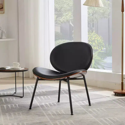 Chaise Coque Mid-Century Moderne - Piètement Tripode, Cuir Noir, Finition Noyer, Dossier Confortable
