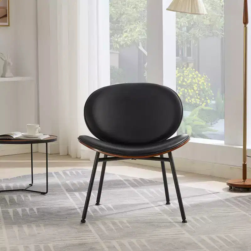 MAYEERTY Mid-Century Modern Shell Chair - Tripod Base, Black Leather, Walnut Finish, Comfortable Backrest,