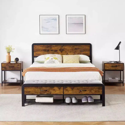 GustoWave Rustic Large Bed Frame w/Bench and 2 Storage Drawers, Metal Platform Bed Frame w/Wood Headboard, No Box Spring Needed
