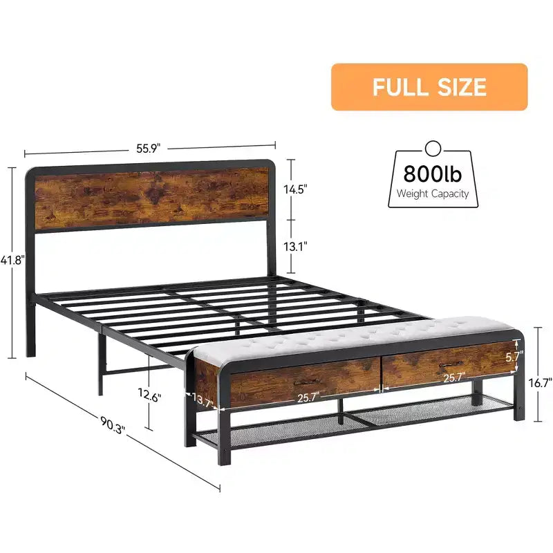 Grand lit rustique avec banc et 2 tiroirs de rangement, lit plateforme en métal avec tête de lit en bois, pas besoin de sommier tapissier