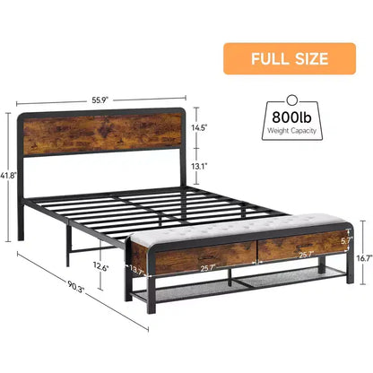 Grand lit rustique avec banc et 2 tiroirs de rangement, lit plateforme en métal avec tête de lit en bois, pas besoin de sommier tapissier