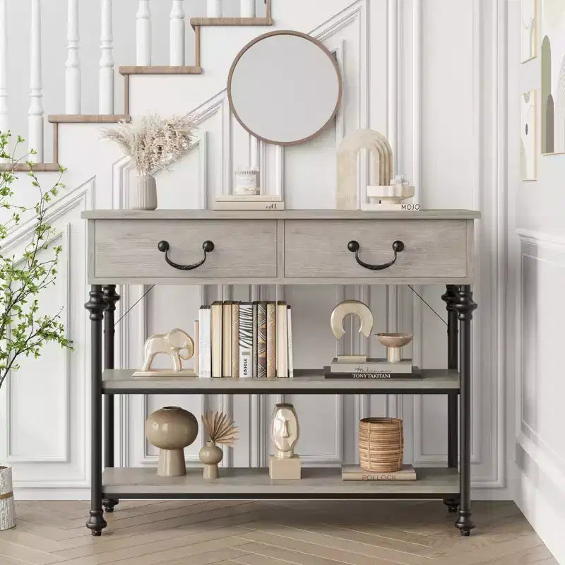 Console de 43 L, Console Étroite avec Rangement, 2 Tiroirs et 3 Étagères, pour Salon, Table de Couloir, Table d'Appoint Derrière un Canapé