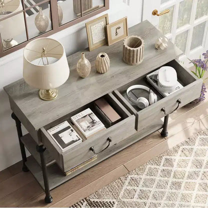 Console de 43 L, Console Étroite avec Rangement, 2 Tiroirs et 3 Étagères, pour Salon, Table de Couloir, Table d'Appoint Derrière un Canapé