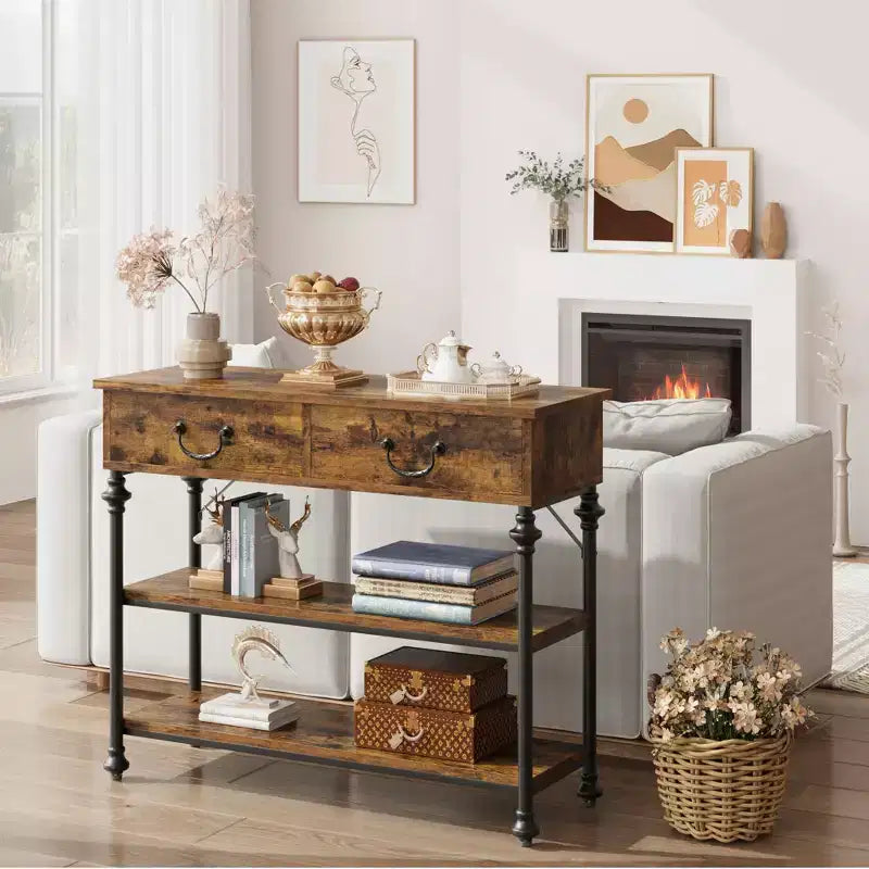 Console de 43 L, Console Étroite avec Rangement, 2 Tiroirs et 3 Étagères, pour Salon, Table de Couloir, Table d'Appoint Derrière un Canapé