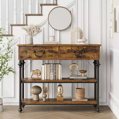 Console de 43 L, Console Étroite avec Rangement, 2 Tiroirs et 3 Étagères, pour Salon, Table de Couloir, Table d'Appoint Derrière un Canapé