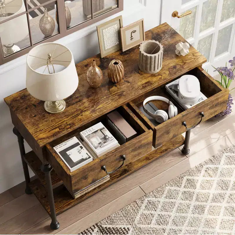 Console de 43 L, Console Étroite avec Rangement, 2 Tiroirs et 3 Étagères, pour Salon, Table de Couloir, Table d'Appoint Derrière un Canapé