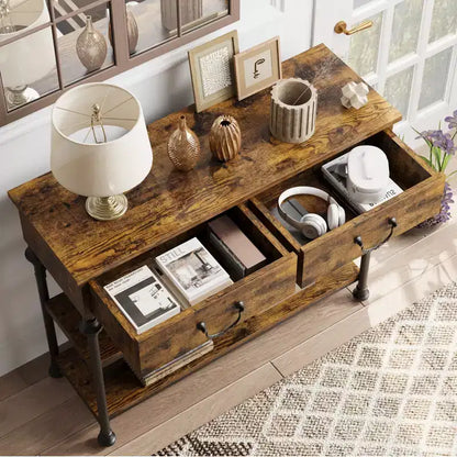 Console de 43 L, Console Étroite avec Rangement, 2 Tiroirs et 3 Étagères, pour Salon, Table de Couloir, Table d'Appoint Derrière un Canapé