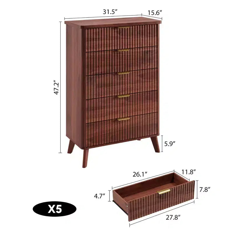 Commode 5 tiroirs pour chambre à coucher, commode haute de 120 cm avec profil incurvé, tiroirs en bois cannelé avec poignée dorée, commode moderne