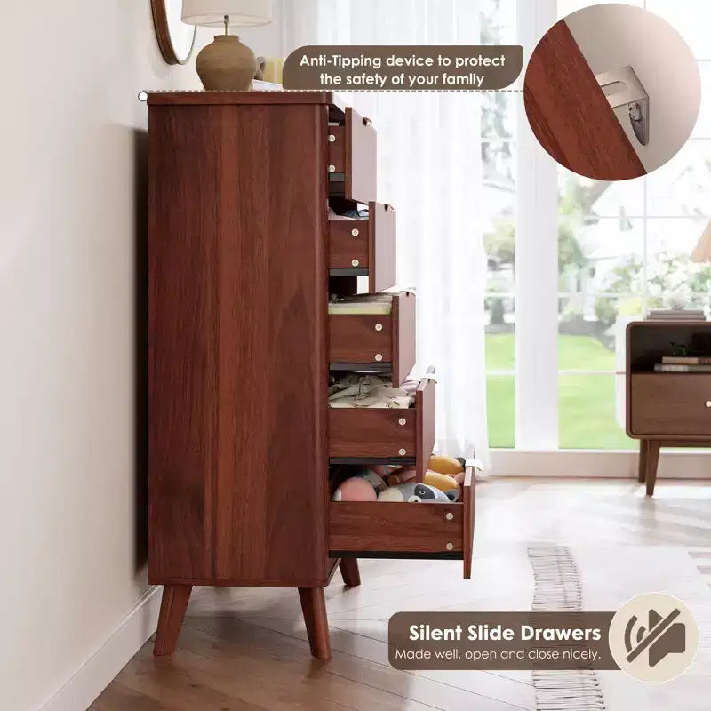 Commode 5 tiroirs pour chambre à coucher, commode haute de 120 cm avec profil incurvé, tiroirs en bois cannelé avec poignée dorée, commode moderne