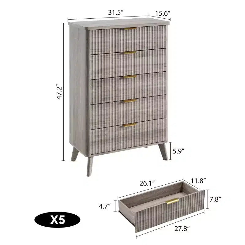 Commode 5 tiroirs pour chambre à coucher, commode haute de 120 cm avec profil incurvé, tiroirs en bois cannelé avec poignée dorée, commode moderne