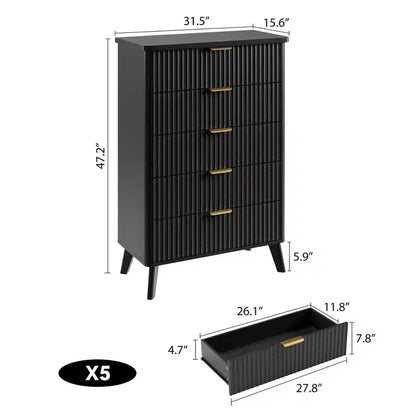 Commode 5 tiroirs pour chambre à coucher, commode haute de 120 cm avec profil incurvé, tiroirs en bois cannelé avec poignée dorée, commode moderne